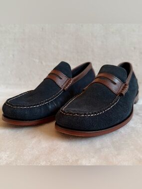 Florsheim Men’s Navy Suede Penny Loafers Brown Leather Trim Dress Shoes